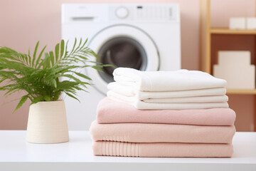 Stack of folded towels placed neatly next to washing machine. This image can be used to depict cleanliness, household chores, laundry, or organization.