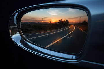 Fototapeta premium Beautiful sunset is reflected in side view mirror of car. This picture can be used to convey sense of tranquility and beauty of nature.