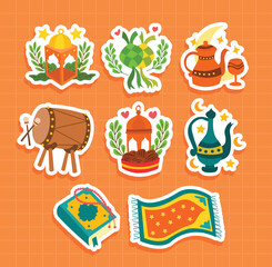 Set of Islamic Ramadan Sticker Label  Design Collection with white edge. Arabic Lanter, Pot, Drum, Quran and Carpet Set of hand drawn Ramadan. Good for Daily planners