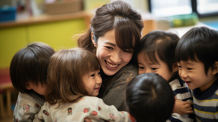 A teacher in a kindergarten or elementary school surrounded by her students.