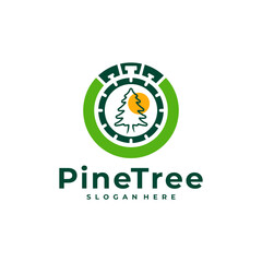 Pine Tree with Time logo design vector. Creative Pine Tree logo concepts template