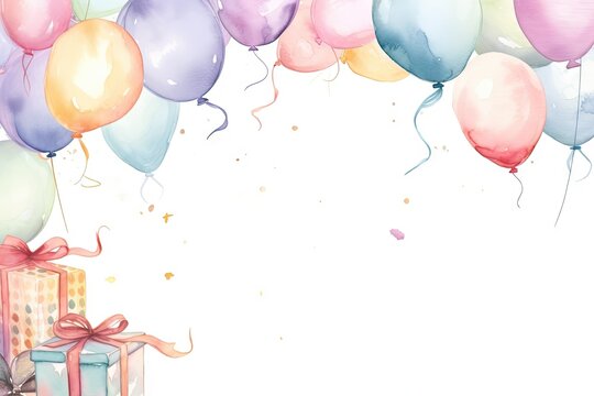 Watercolor painted birthday banner consisting of gifts Celebratory decorations and balloons, soft pastel shades against a white background. There is space for entering text by Generative AI