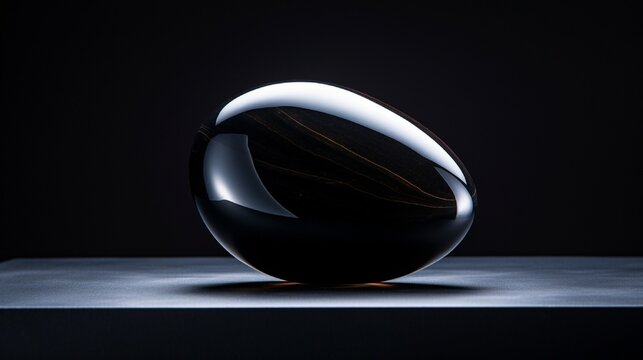 A single, perfectly polished obsidian pebble, showcasing its deep black color and glossy texture under professional lighting.