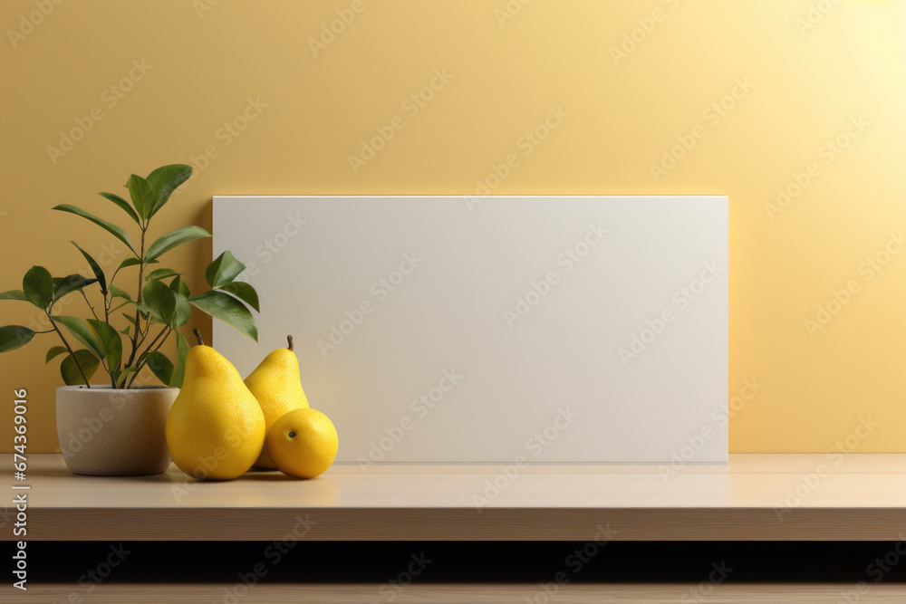 Aufkleber simple arrangement of two lemons and potted plant on table. this versatile image can be used to add 