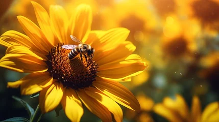 Rolgordijnen A single sunflower with a bumblebee collecting pollen. © LOVE ALLAH LOVE