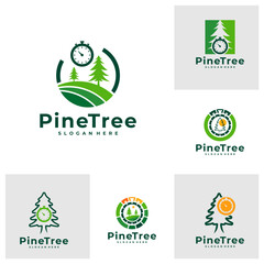 Set of Pine Tree with Time logo design vector. Creative Pine Tree logo concepts template