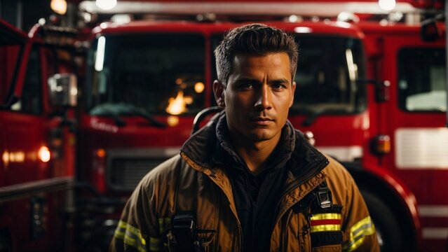 Close up high resolution image of a brave firefighter standing next to a fire engine truck. Generative AI.