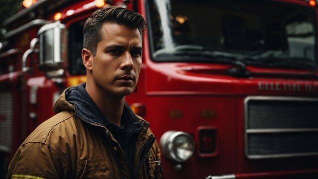 Close up high resolution image of a confident firefighter standing next to a fire engine truck. Generative AI.