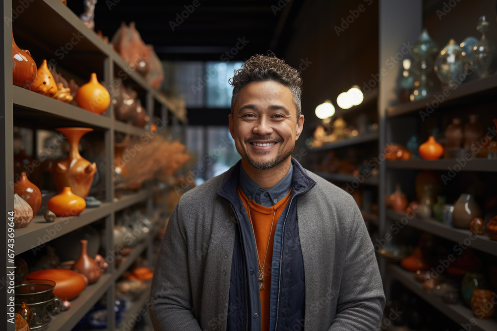 Poster man stands in front of shelf filled with various vases. this image can be used to depict home decor,