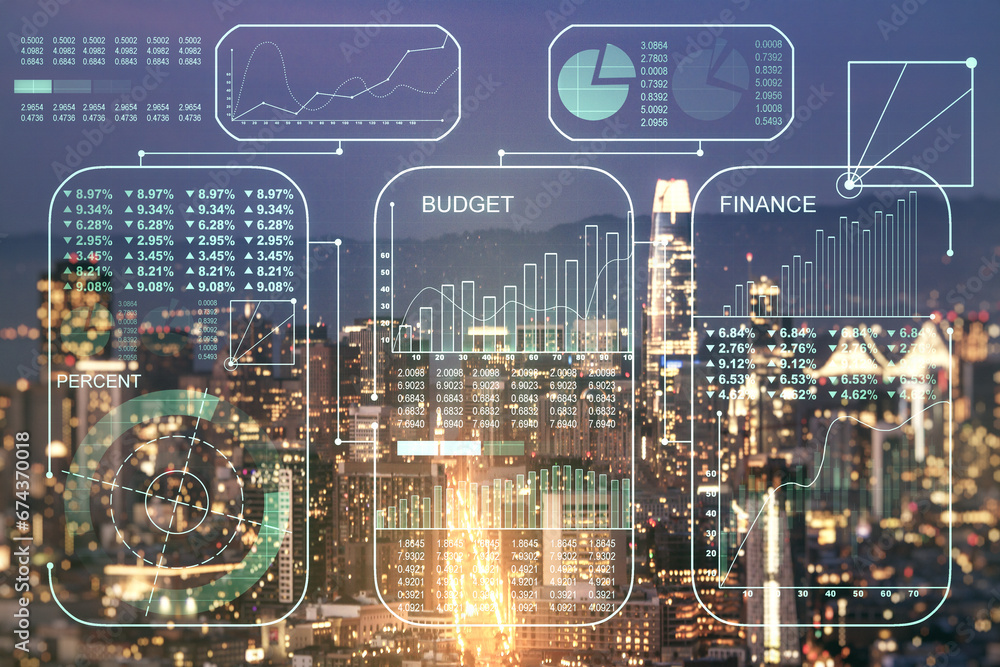 Poster Multi exposure of creative statistics data hologram on San Francisco skyscrapers background, stats and analytics concept