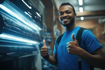 Man wearing blue shirt is shown giving thumbs up gesture. This image can be used to represent approval, success, positivity, or encouragement in various contexts. - Powered by Adobe