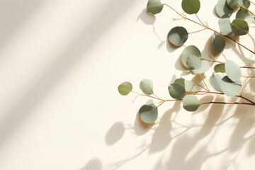 Branch of eucalyptus leaves placed on white wall. Purposes, including home decor, nature-themed designs, or botanical illustrations.