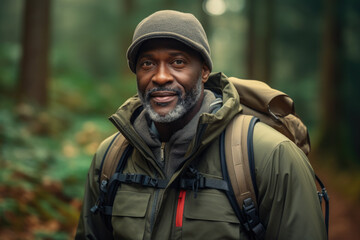 Fototapeta premium Man with backpack is pictured in woods. This image can be used to depict hiking, nature exploration, adventure, or outdoor activities.