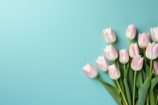 Beautiful bouquet of pink tulips set against vibrant blue background. This image is perfect for adding touch of elegance and freshness to any project or design.