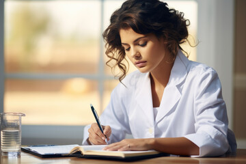 Woman is sitting at table, focused on writing in her notebook. This image can be used to depict productivity, creativity, or act of journaling.