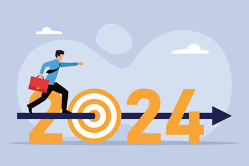Fototapeta premium Businessman running and archery target breaking successful on 2024 year 2D flat vector concept for banner, website, illustration, landing page, flyer, etc