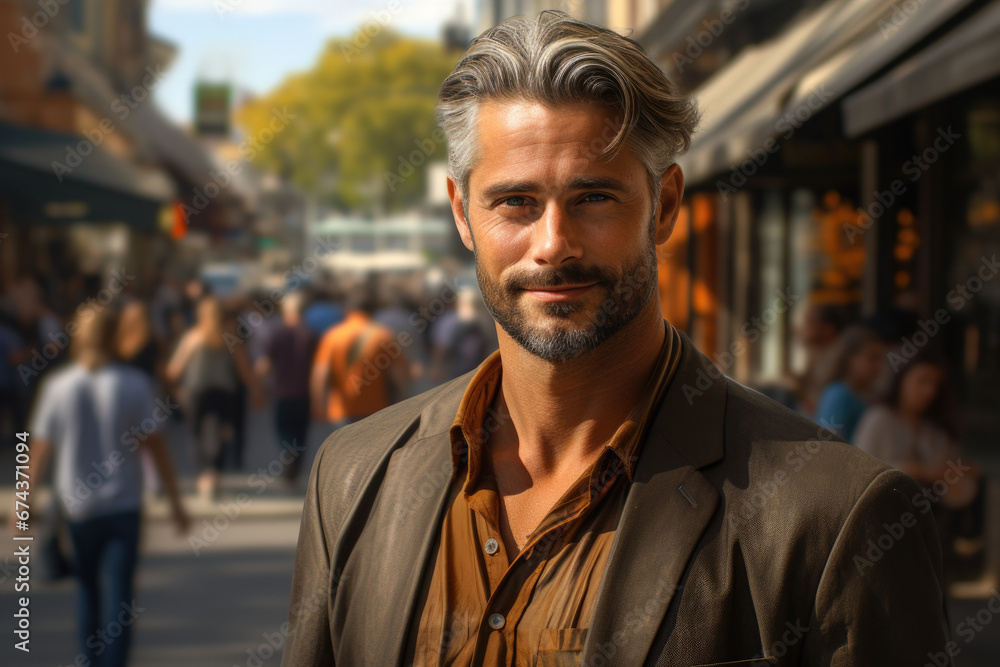 Poster man with beard standing in crowded street. this image can be used to depict urban life or to highlig