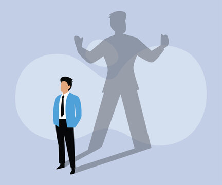Businessman standing and casting a shadow of a strong superhero 2D flat vector concept for banner, website, illustration, landing page, flyer, etc