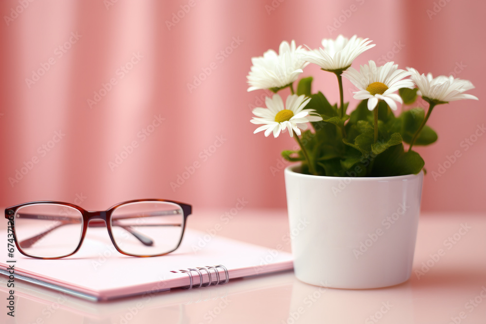 Poster simple and elegant image featuring cup of flowers and pair of glasses on table. perfect for adding t