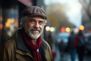 Man wearing hat and scarf is walking on city street. This image can be used to depict urban fashion or winter attire.