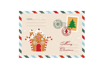 Christmas envelope with stamps, seals, gingerbread man and inscriptions Merry Christmas