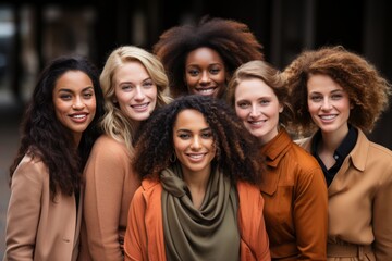 Fototapeta premium Half-length portrait of six cheerful young diverse multiethnic women outdoors. Female friends in beautiful dresses smiling at camera while posing together. Diversity, beauty, friendship concept.