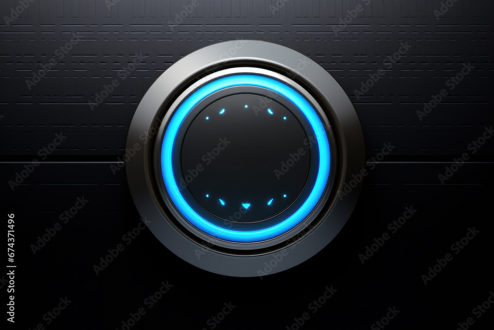 Poster black button with blue light illuminating it. this image can be used to represent technology, modern