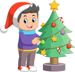 Cartoon little boy decorating a Christmas tree with balls