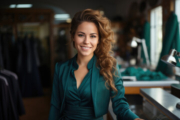 Fototapeta premium Woman dressed in green dress is seated at desk.