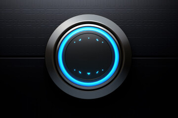 Black button with blue light illuminating it. This image can be used to represent technology, modern gadgets, or user interfaces.