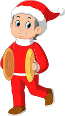 Cartoon little boy in red santa clothes playing cymbals