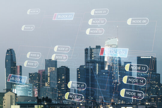 Multi exposure of abstract creative coding sketch on Los Angeles city skyline background, artificial intelligence and neural networks concept