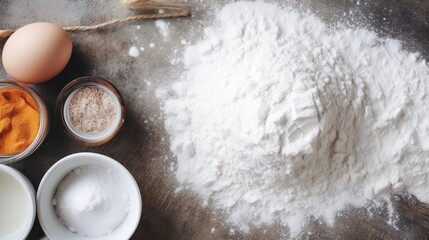 Top view, Ingredients for baking - flour, eggs, salt, sugar, milk. copy space
