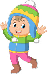Cartoon illustration of a girl in Winter clothes waving