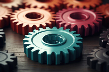 Detailed close-up of collection of gears placed on table. This image can be used to represent concepts such as mechanics, engineering, technology, or industrial processes.