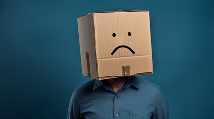 a man with a cardboard box on his head, a sad face. Blue Monday Concept