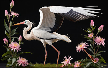 Flying heron and pink flowers on black background
