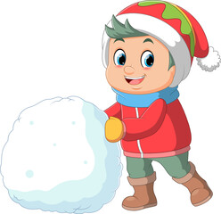 Cartoon little boy in winter clothes with big snowball