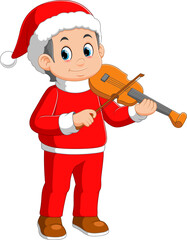 Cartoon little boy in red santa clothes playing a violin