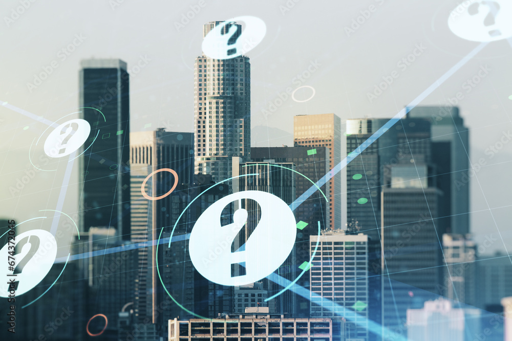 Aufkleber abstract virtual question mark illustration on los angeles skyline background. faq and search concep