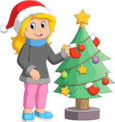 Cartoon girl decorating a Christmas tree with balls