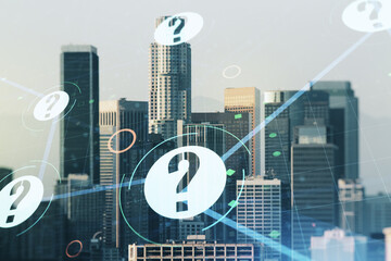 Abstract virtual question mark illustration on Los Angeles skyline background. FAQ and search concept. Multiexposure