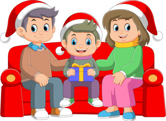 Cartoon family celebrating christmas and sitting on the sofa