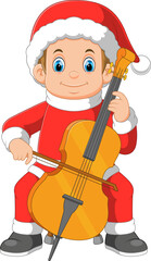 Cartoon little boy in red santa clothes playing cello