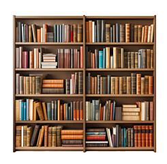 Front View of Wooden Bookshelf Loaded with Books - obrazy, fototapety, plakaty