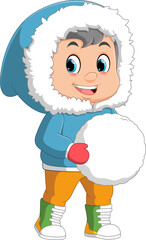 cute boy in winter clothes with big snowball