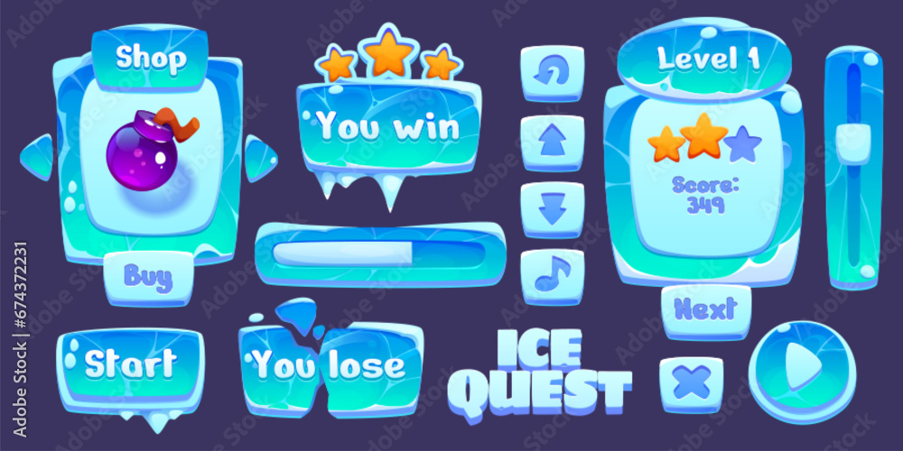 Poster ice or glass gui elements covered with snow - cartoon vector illustration set of game user interface