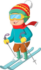 Cartoon little boy skiing downhill