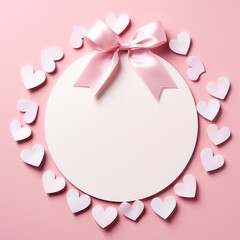 Top view photo of empty white circle with a pastel pink ribbon and paper origami hearts on an isolated light pink background with copyspace.  Made with generative ai. 