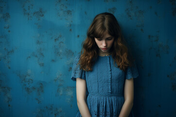 Fototapeta premium Blue Monday. Sad Monday. Girl with her head down in a blue dress on a blue background